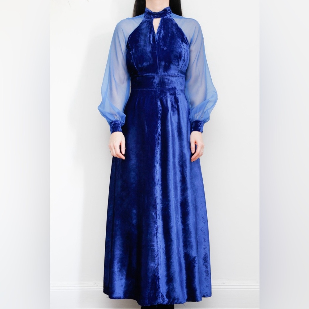 Vintage Blue Velvet Dress Sheer Balloon Sleeves Size Small Holiday